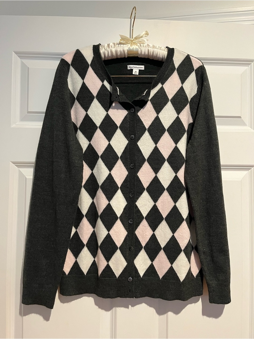 croft & barrow Black, Pink & White Argyle Button Cardigan